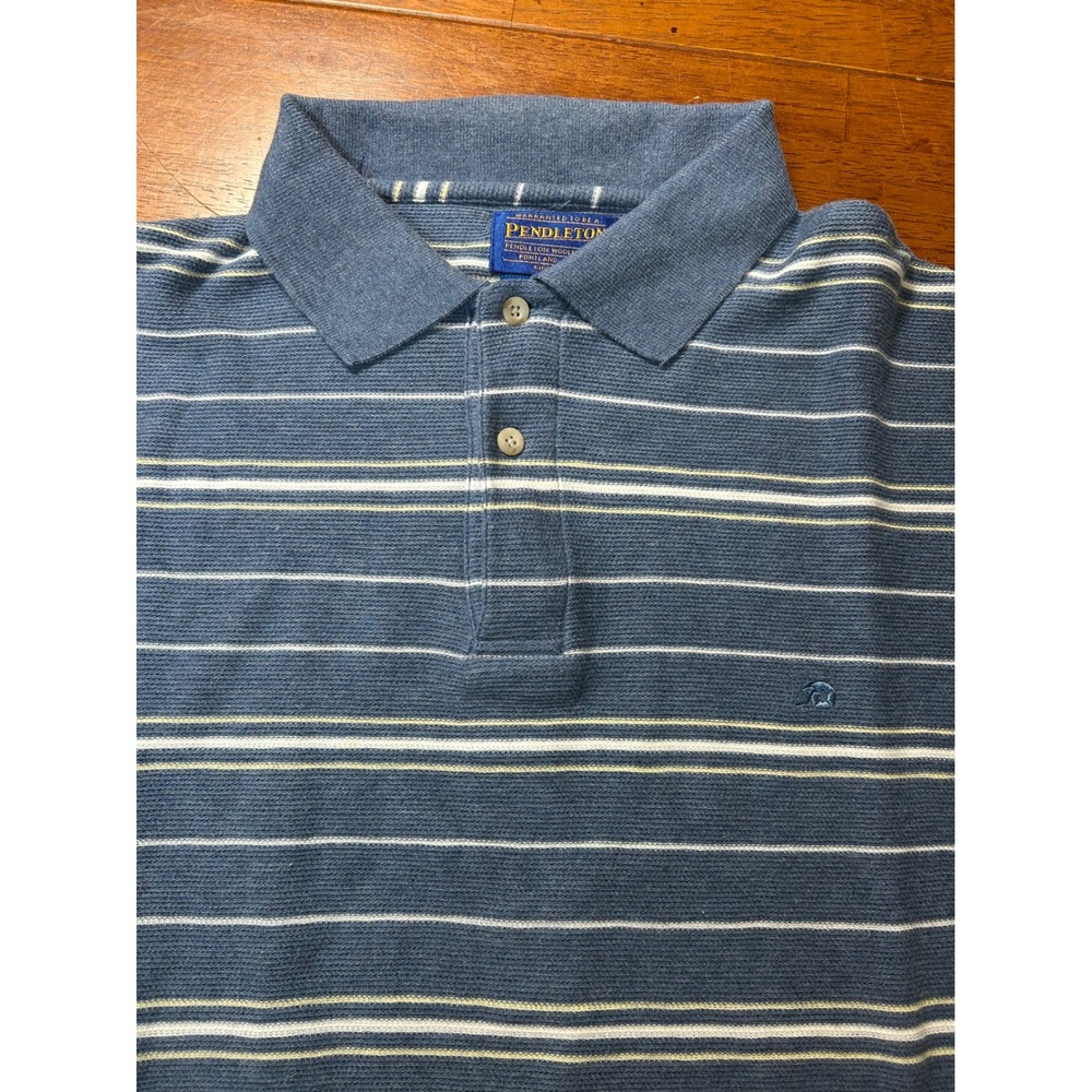 Pendleton Polo Shirt Mens Large Blue Striped Short Sleeve Cotton Knit Classic